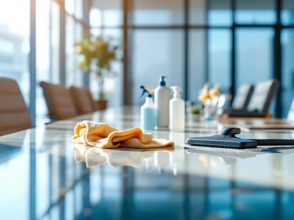 Moderne vergaderruimte met professionele schoonmaakapparatuur, glanzende glazen tafel en makeloos onderhouden interieur