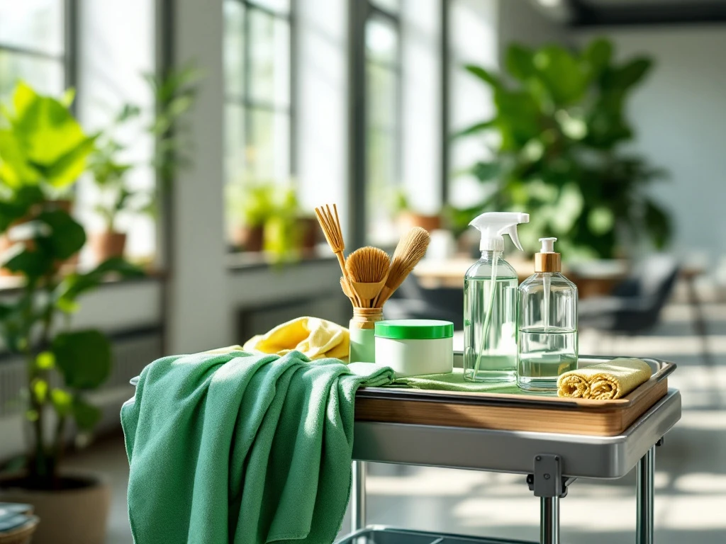 Moderne kantoorruimte met milieuvriendelijke schoonmaakproducten op kar, bamboe gereedschap en microfiber doeken in zonlicht