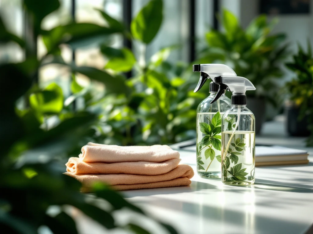 Moderne kantooromgeving met milieuvriendelijke schoonmaakproducten, microfiber doeken en groene planten op wit bureau