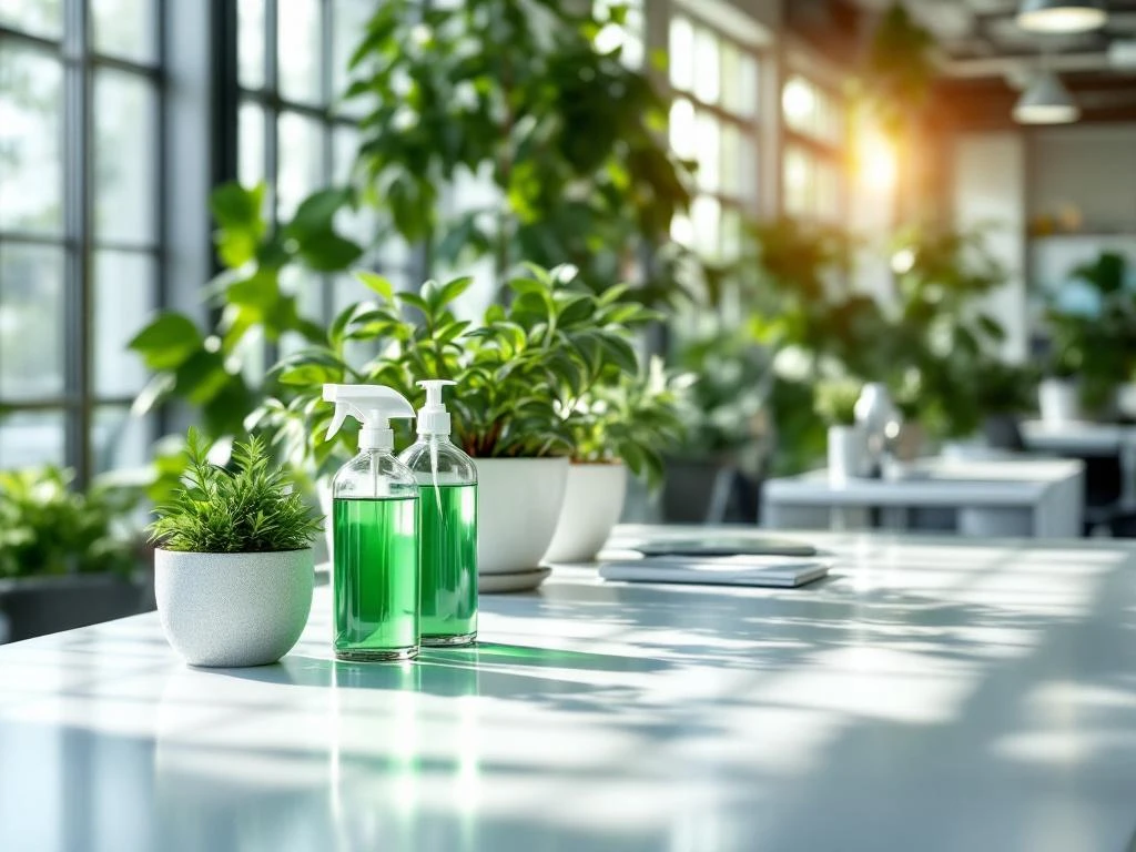 Modern kantoor met duurzame schoonmaakmiddelen in glazen flessen, planten en recyclingbakken in natuurlijk licht