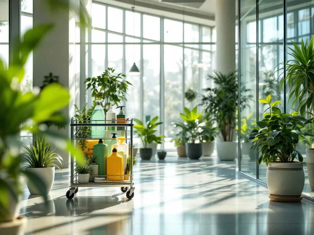 Moderne kantoorruimte met milieuvriendelijke schoonmaakmiddelen op karretje, zonlicht door ramen en groene planten