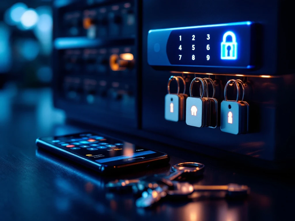 Professioneel elektronisch sleutelbeheerssysteem met digitaal toetsenpaneel, genummerde vakjes en beveiligingsapp op smartphone