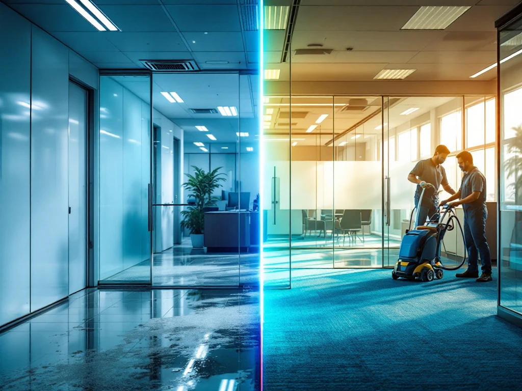 Kantoor voor en na professionele diepe reiniging toont transformatie van stoffige ruimte naar schone werkplek