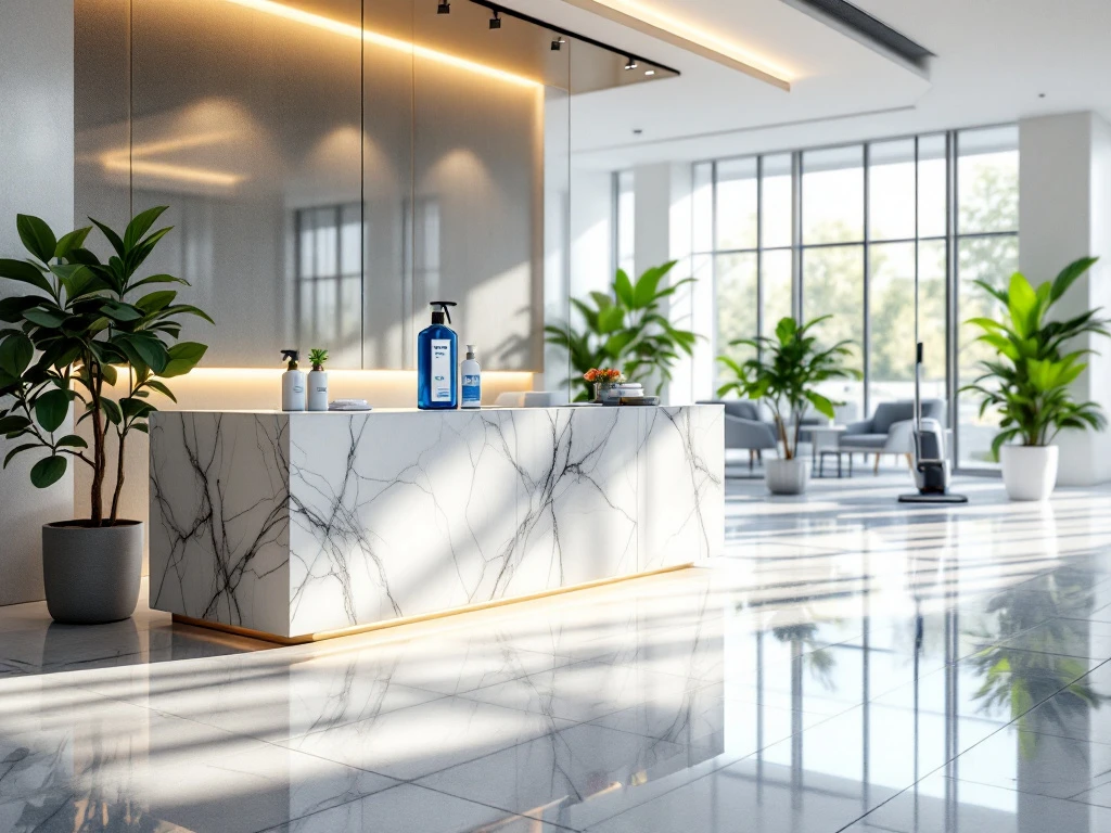 Moderne kantoor receptie met marmeren balie, professionele schoonmaakapparatuur en glanzende oppervlakken