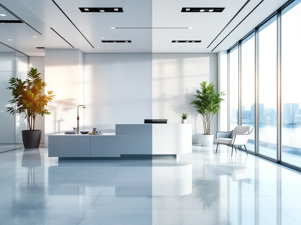 Moderne kantoor receptie toont contrast tussen schone en verwaarloosde ruimtes met professionele schoonmaakapparatuur