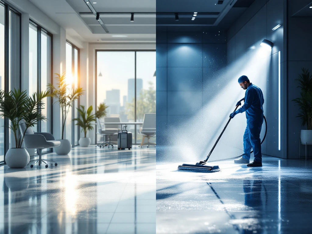 Vergelijking van dagelijks onderhoud in modern kantoor versus grondige professionele schoonmaak met apparatuur