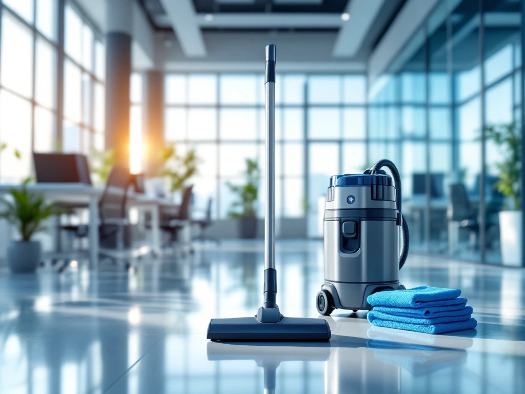 Schone moderne kantoorruimte met ergonomische bureaus, stoelen en professionele schoonmaakapparatuur in natuurlijk licht