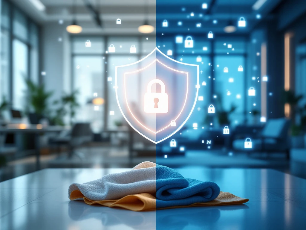 Modern kantoor met schoonmaakbenodigdheden en digitale privacyschild met beveiligingssymbolen en slotpictogrammen