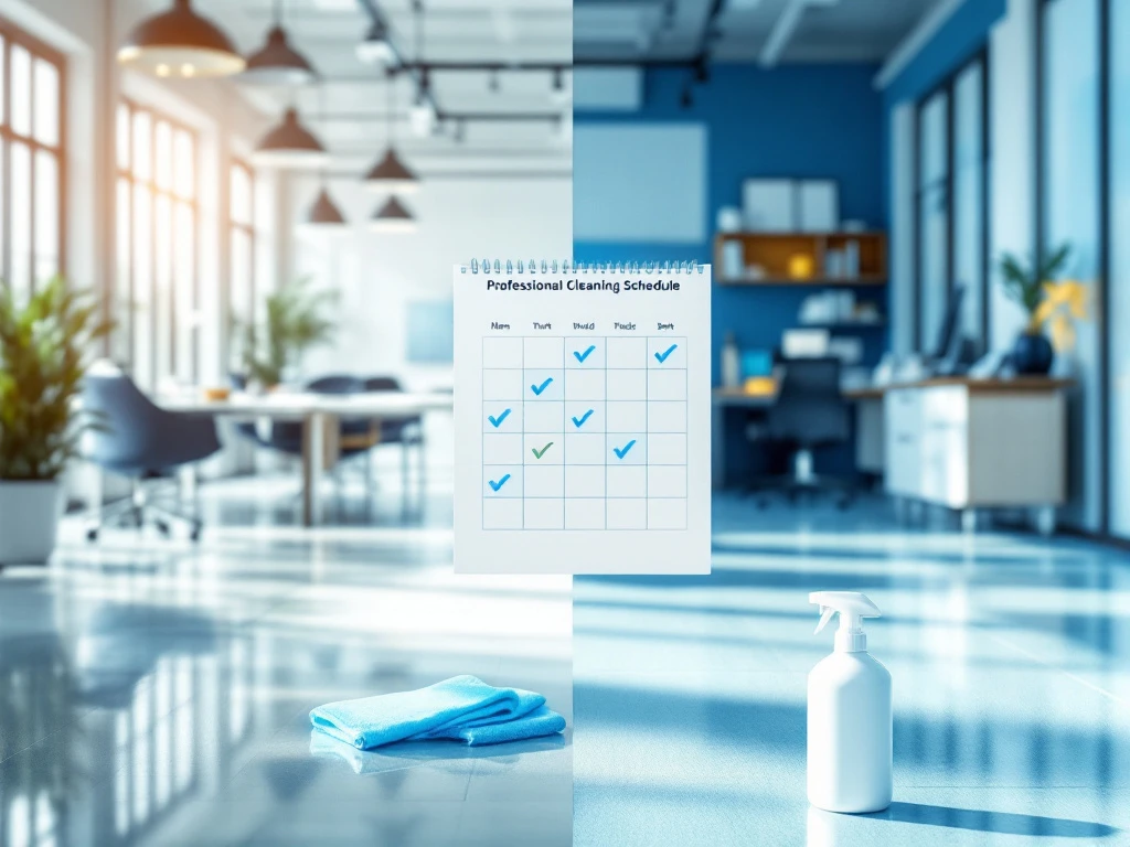 Schoonmaakschema met afvinkvakjes tussen schone moderne kantoorruimte en stoffige werkplek, met schoonmaakmiddelen