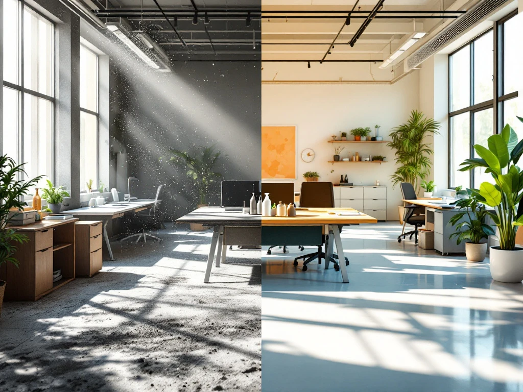 Kantoor voor en na professionele schoonmaak: stoffige verwaarloosde werkplek versus schone gezonde omgeving