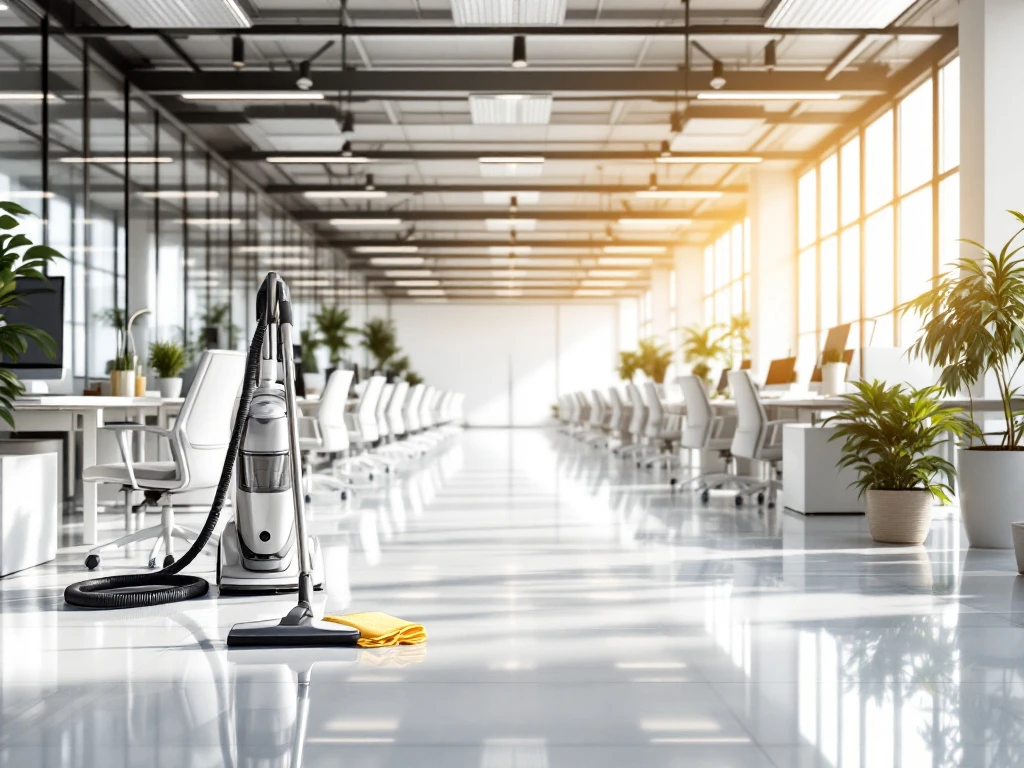 Moderne open kantoorruimte met witte bureaus, ergonomische stoelen en professionele schoonmaakapparatuur