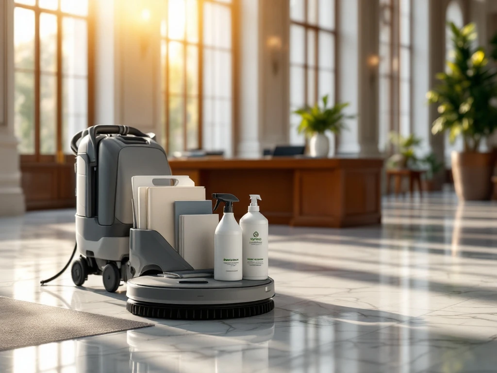 Professionele schoonmaakapparatuur en eco-vriendelijke producten in elegant Nederlands overheidsgebouw met marmeren vloeren
