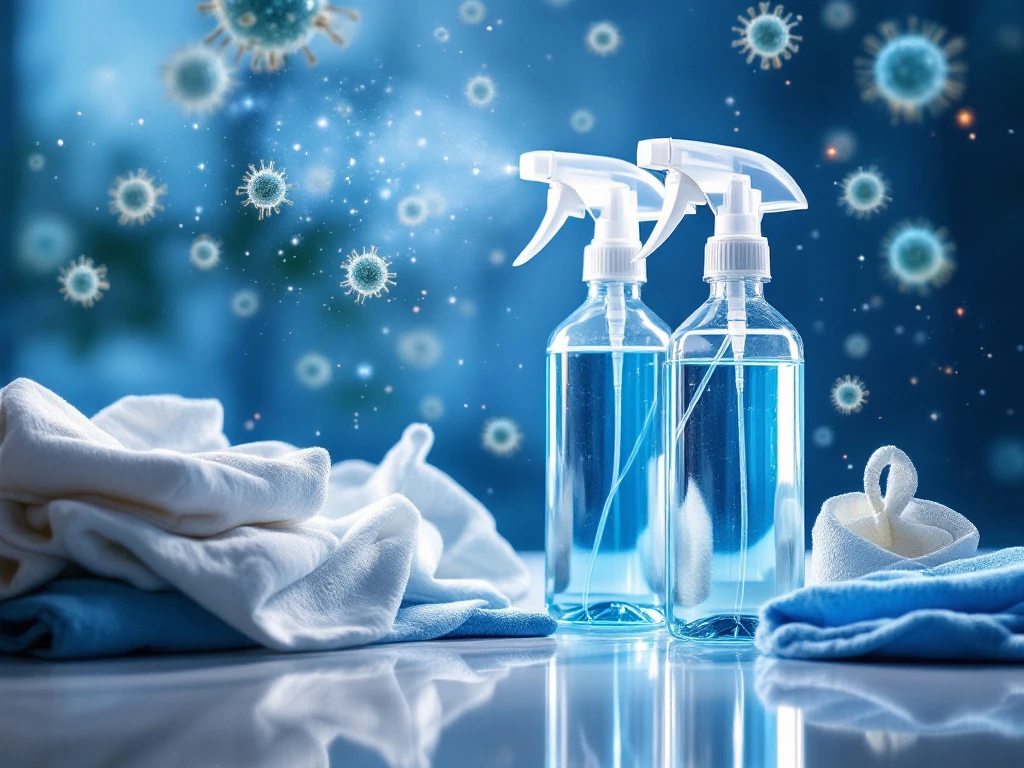 Professionele desinfectiebenodigdheden met sprayflessen, schoonmaakdoeken en handschoenen op witte ondergrond