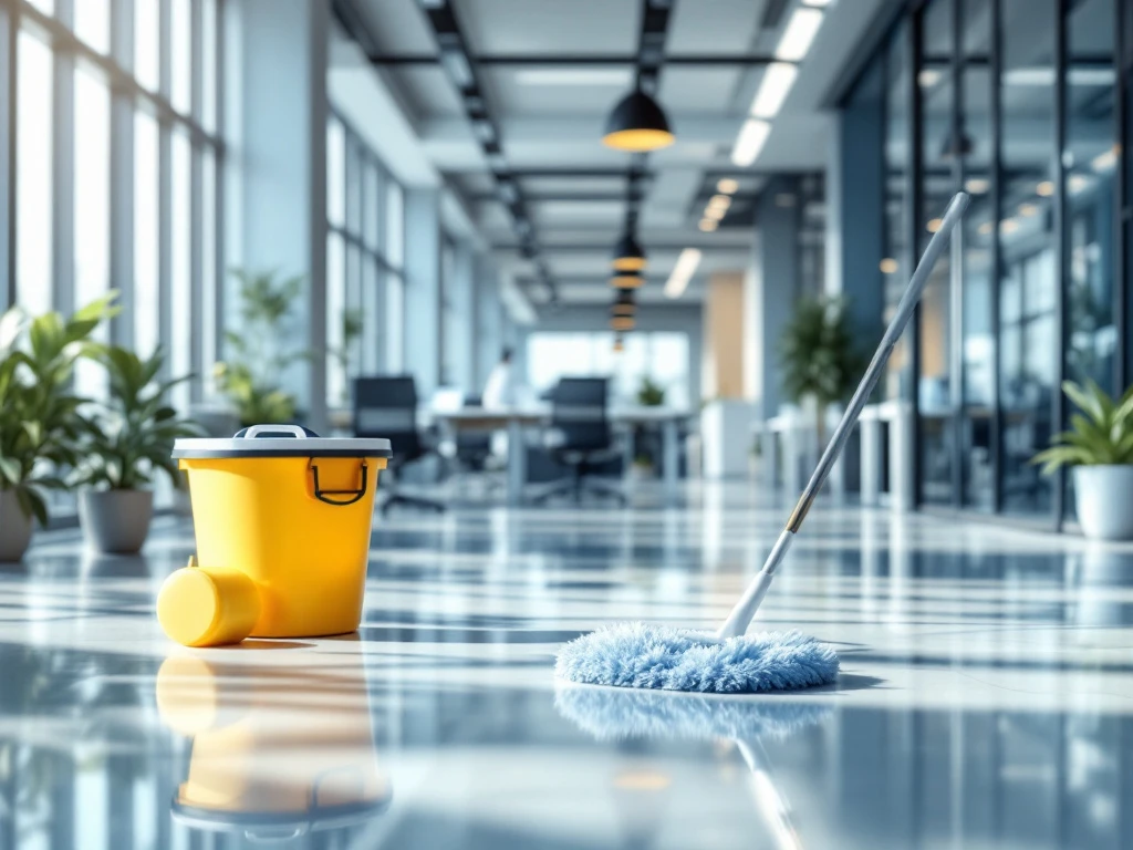 Moderne kantoorruimte met professionele schoonmaakapparatuur en milieuvriendelijke producten op glanzende vloeren