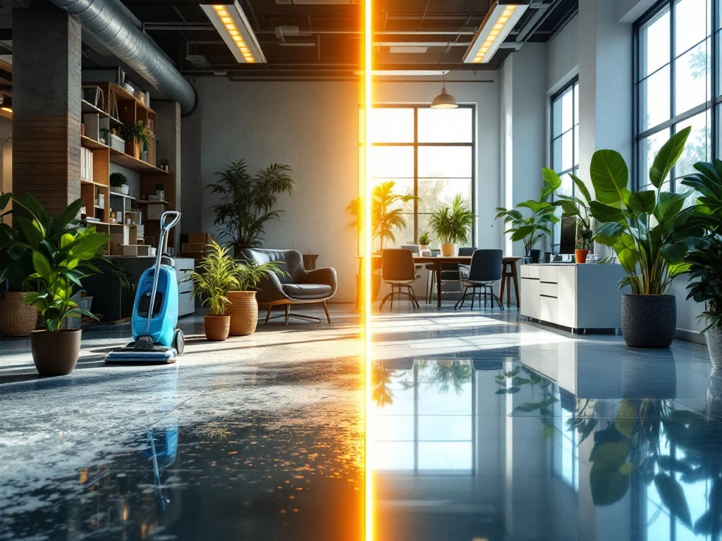 Professionele schoonmaakdienst transformeert rommelig kantoor naar schone, moderne werkruimte met eco-vriendelijke producten
