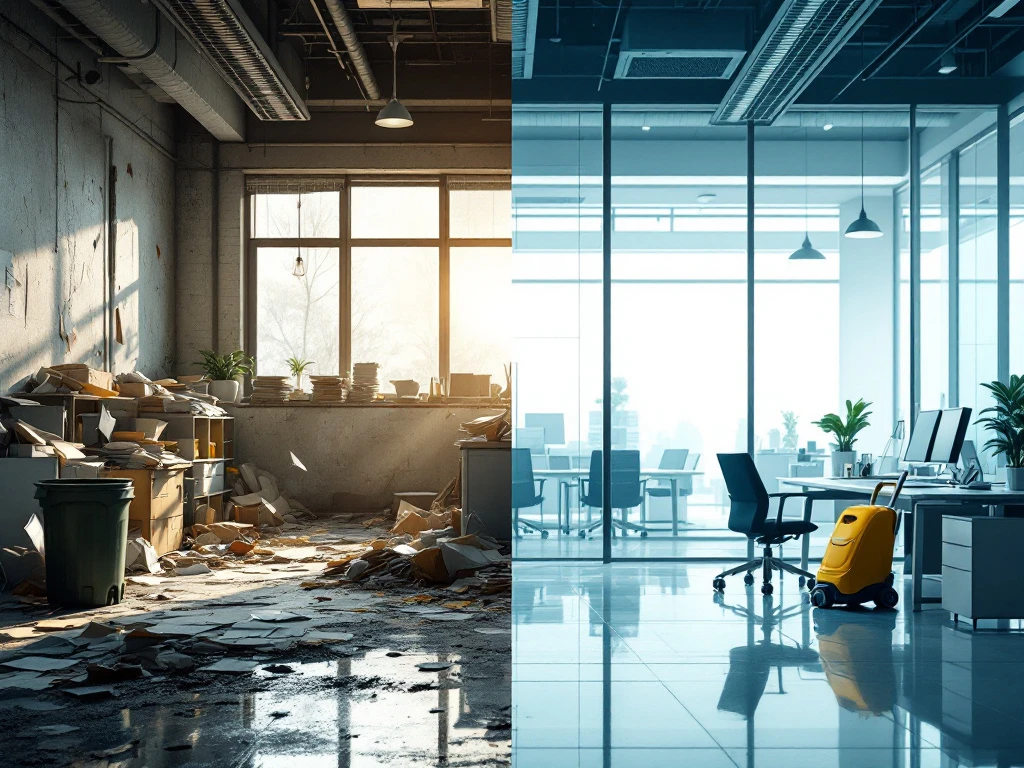 Vergelijking van twee kantooromgevingen: links rommelig bureau met stof en papieren, rechts schone moderne werkplek