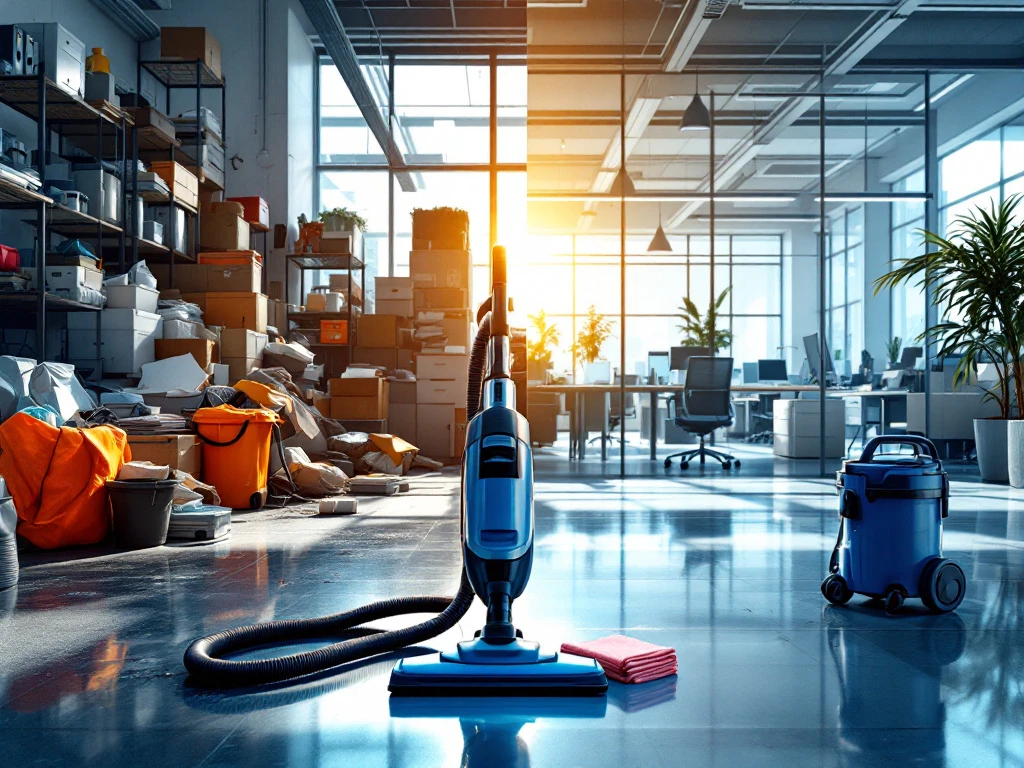 Vervuilde kantoorruimte tegenover schone moderne werkplek met professionele schoonmaakapparatuur op voorgrond