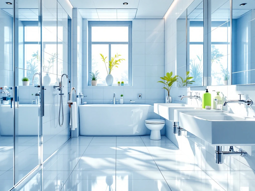 Moderne kantoortoilet met glanzende witte keramische voorzieningen, chromen kranen en professionele schoonmaak