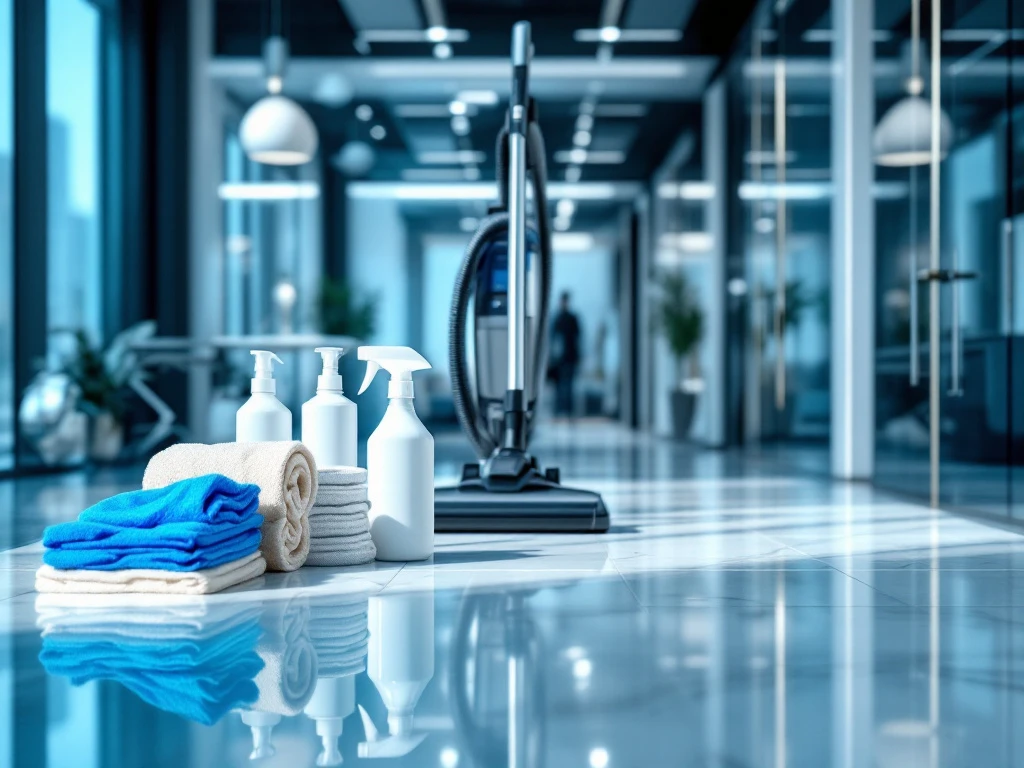 Professionele schoonmaakapparatuur in moderne kantoorruimte met industriële stofzuiger, microfiber doeken en vloerpolijstmachine