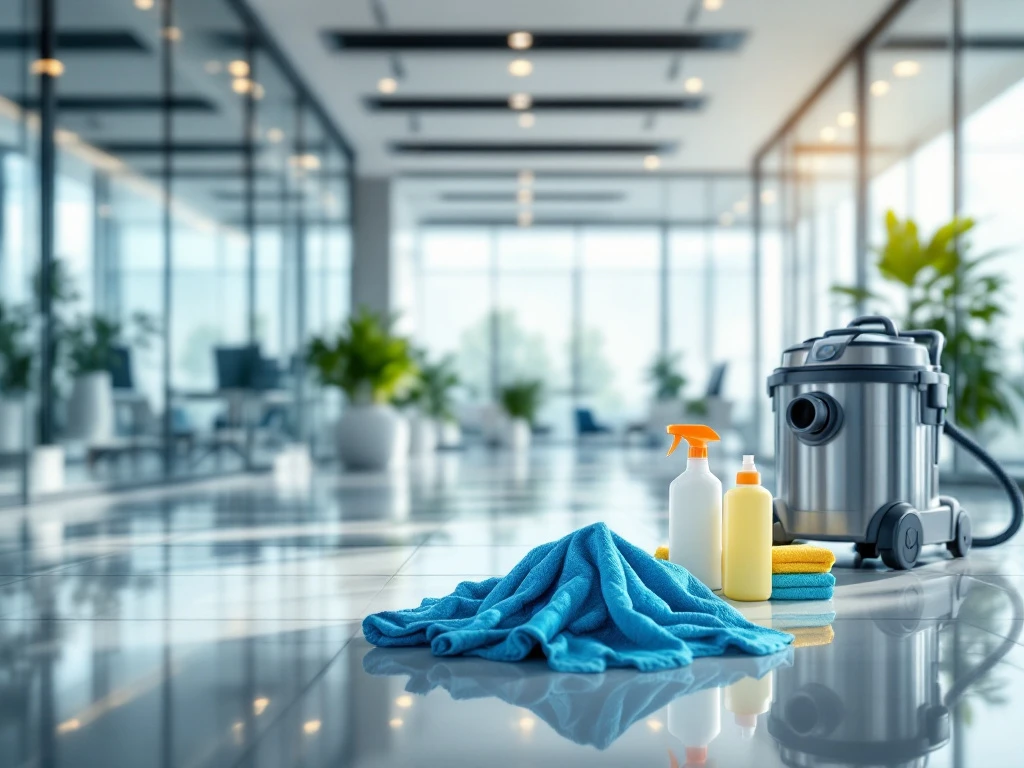 Professionele schoonmaakdienst in modern kantoor met glanzende vloeren, schone ramen en schoonmaakapparatuur