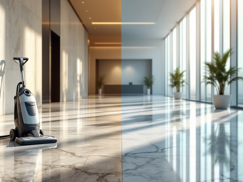 Moderne kantoorlobby met schone marmeren vloer versus stoffig gebied, professionele schoonmaakapparatuur zichtbaar