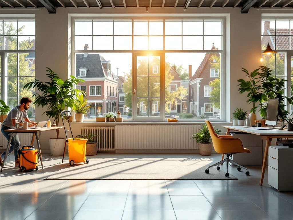 Professionele schoonmaakdienst resultaten: schone kantoorruimte met eco-vriendelijke apparatuur en Nederlandse architectuur