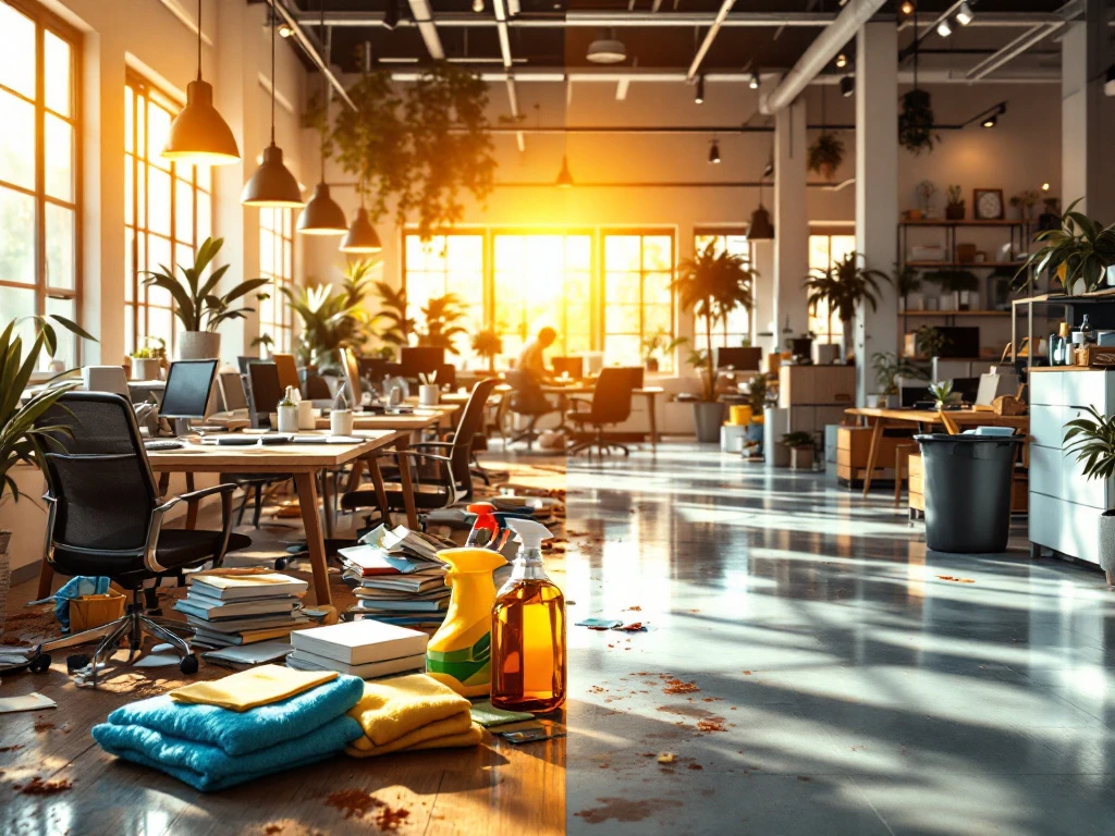 Moderne startup kantoor voor en na professionele schoonmaak, met rommelige en schone werkplekken gescheiden door schoonmaakmiddelen