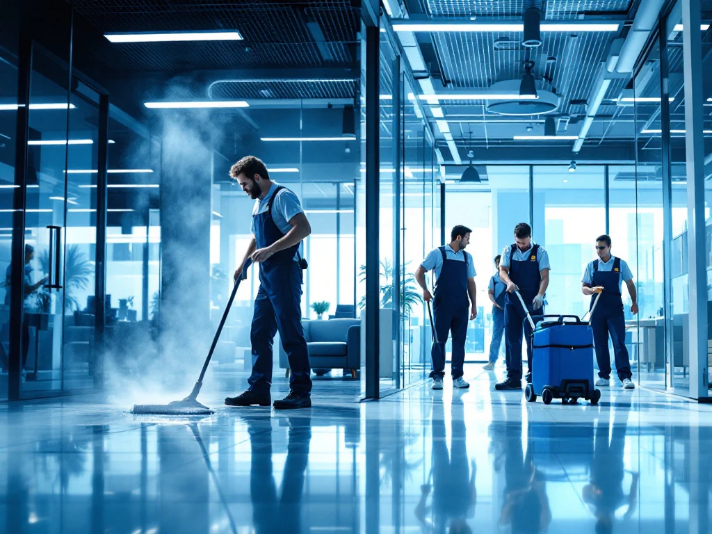 Professionele schoonmaakteams met geavanceerde apparatuur versus individuele schoonmaker in kantooromgeving