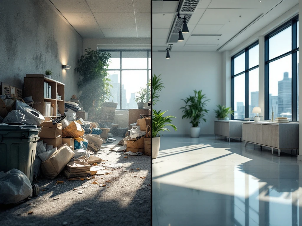 Voor en na vergelijking van een rommelig kantoor versus een professioneel schoongemaakt kantoor met glanzende vloeren