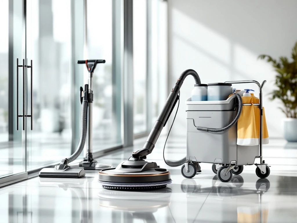 Professionele schoonmaakapparatuur inclusief stofzuiger en boenmachine in moderne kantoorruimte met natuurlijk licht