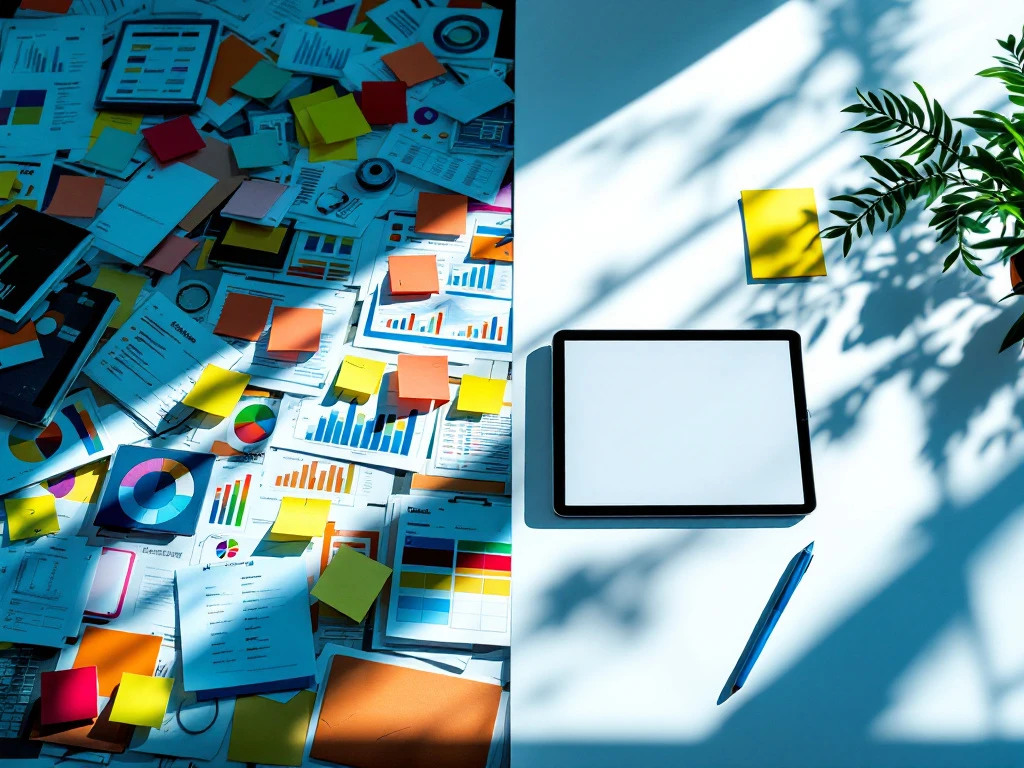 Gesplitst scherm toont rommelig bureau met papieren schema's links versus georganiseerde tablet met digitale planning rechts