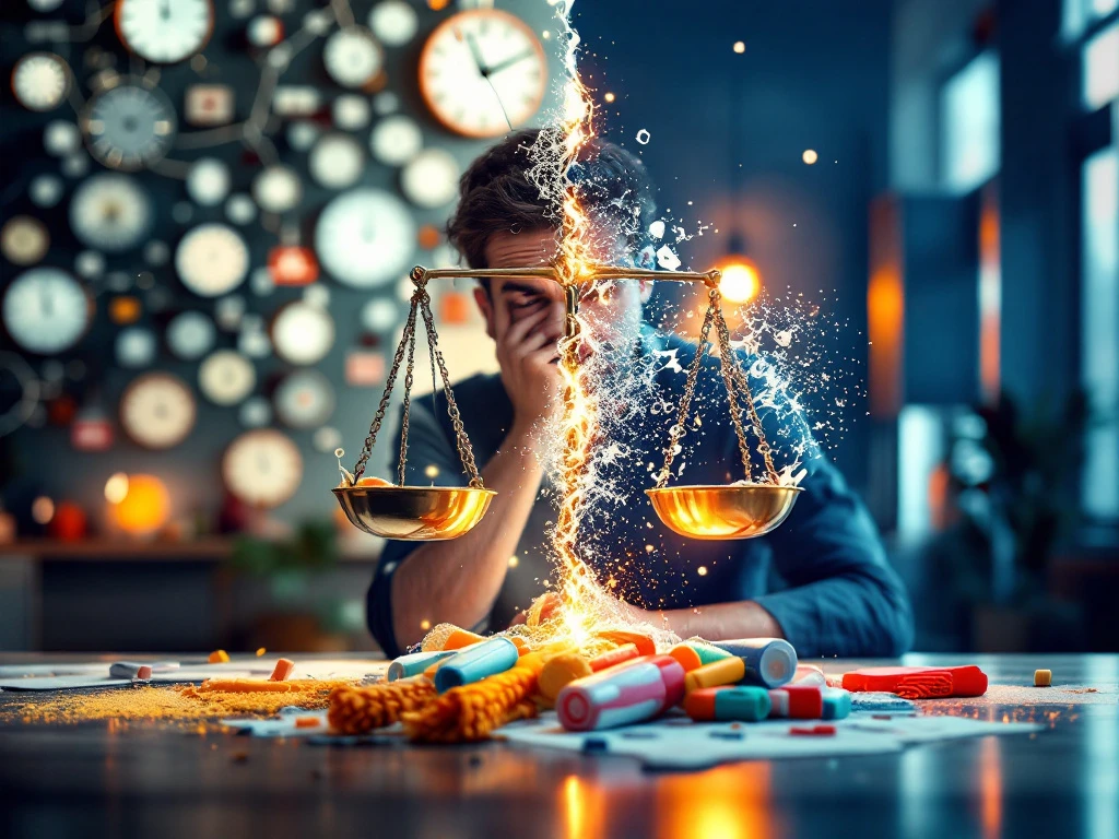 Gefrustreerde ondernemer tegenover georganiseerde Nederlandse schoonmaakdienst kantoor, weegschaal toont chaos versus orde