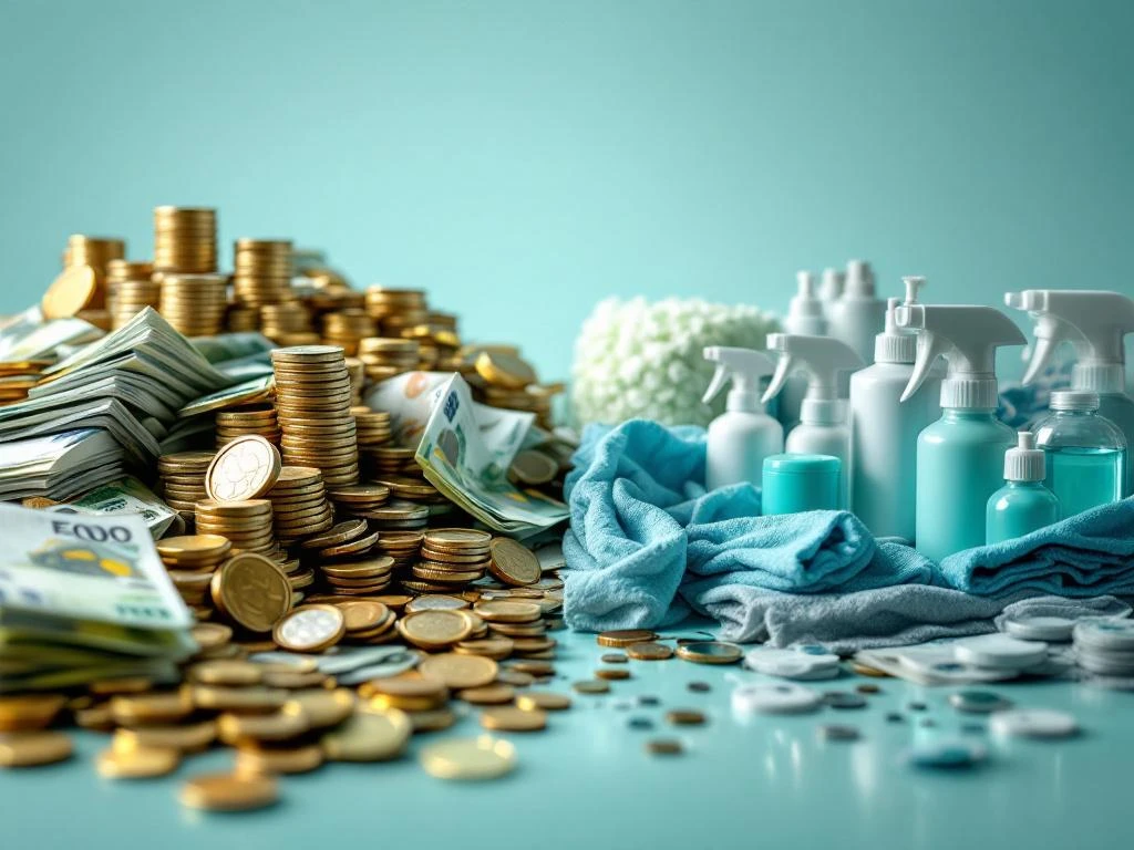 Kostenbesparingsvisualisatie met rommelige eurobankbiljetten links en georganiseerde schoonmaakapparatuur rechts