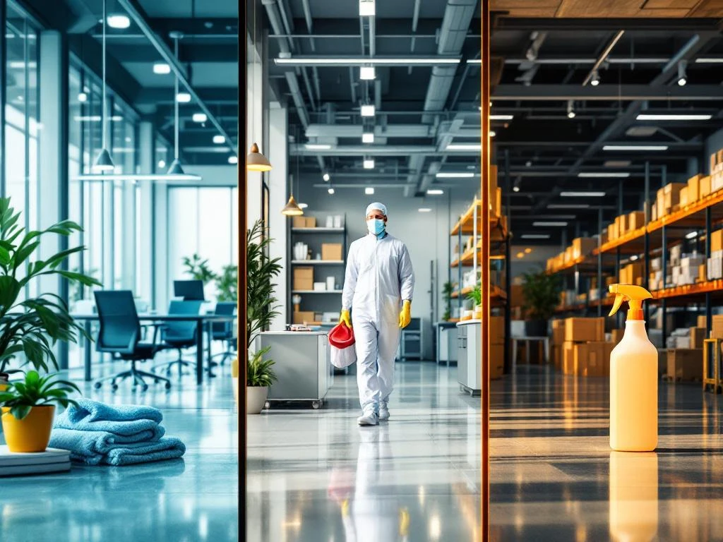 Schoonmaakschema's in drie bedrijfsomgevingen: modern kantoor, medische faciliteit en industrieel magazijn met professionele schoonmaakapparatuur