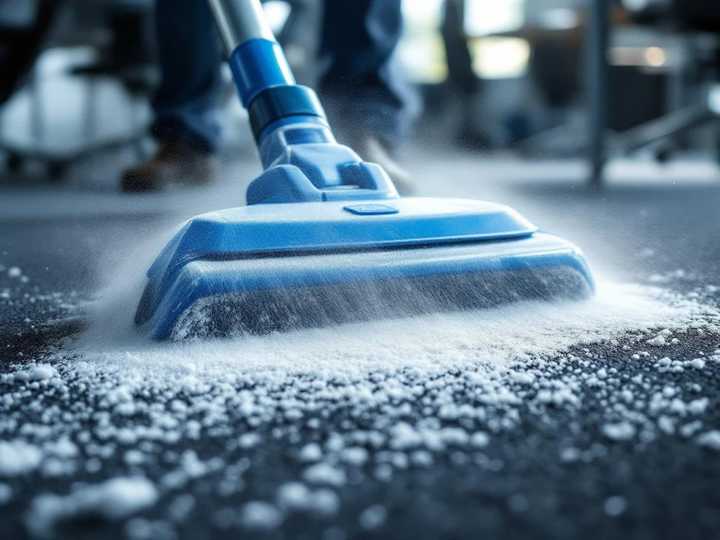 Industriële tapijtreiniging in actie op donkergrijze kantoervloerbedekking met zichtbare vuil extractie patronen