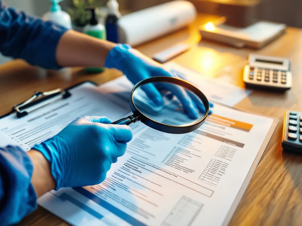 Professionele handen in blauwe handschoenen onderzoeken verzekeringsdocumenten met vergrootglas op kantoorbureau