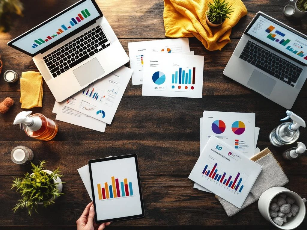 Bovenaanzicht van modern bureau met rapporten, laptop met datavisualisaties, tablet en professionele schoonmaakbenodigdheden