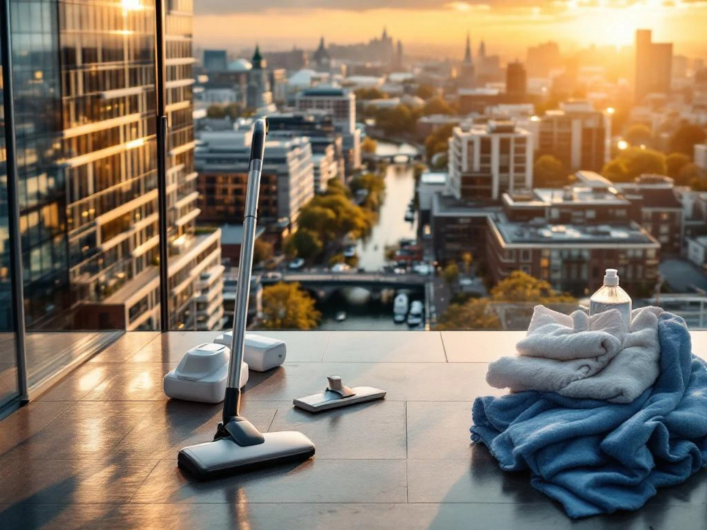 Luchtfoto van Amsterdam's grachtendistrict met schone kantoorgebouwen en professionele schoonmaakapparatuur op voorgrond