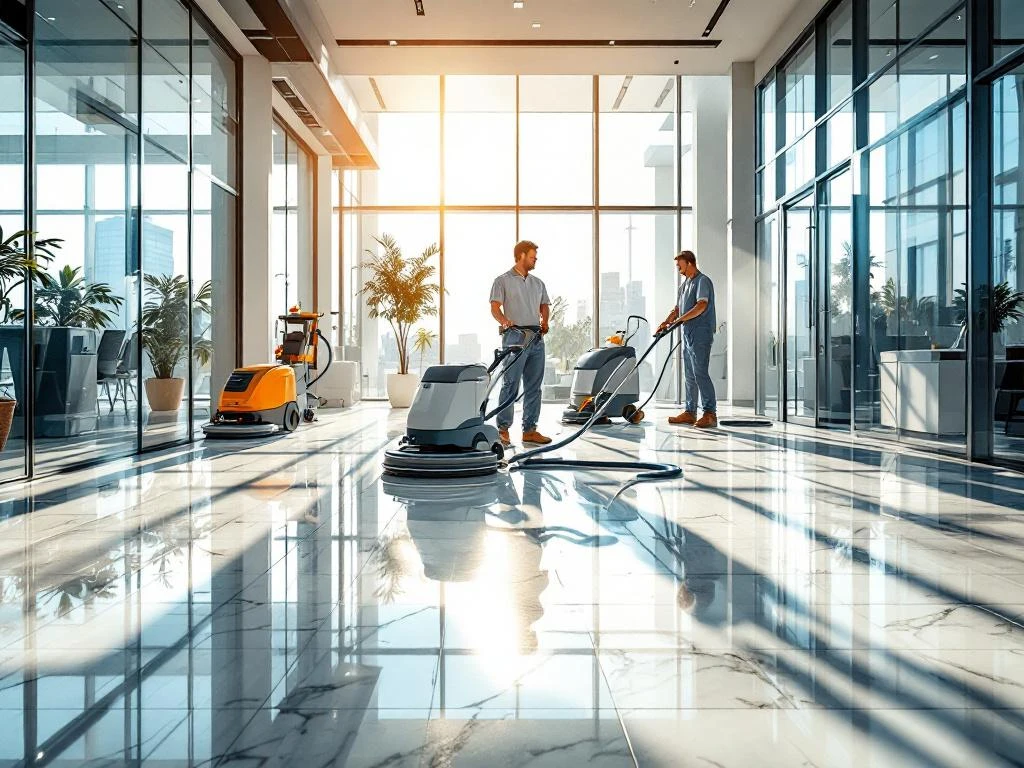Professionele schoonmaakdiensten in modern Amsterdams kantoorgebouw met gespecialiseerde apparatuur en glanzende oppervlakken
