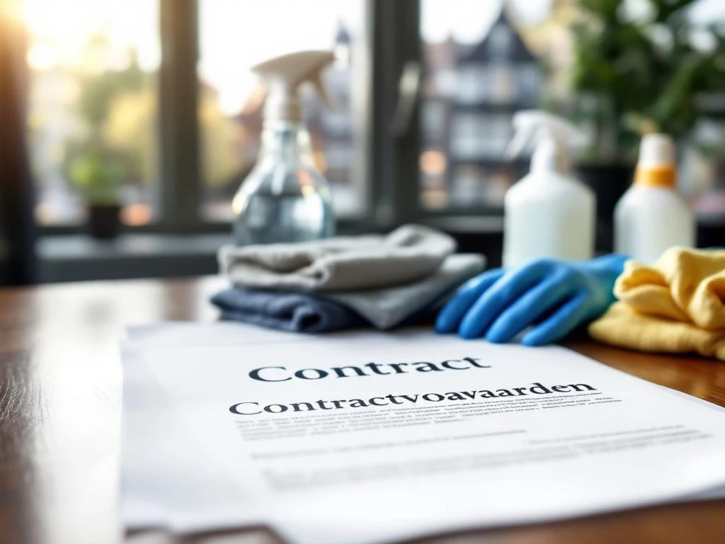 Contractvoorwaarden document op mahonie bureau met professionele schoonmaakbenodigdheden en Amsterdamse grachten op achtergrond