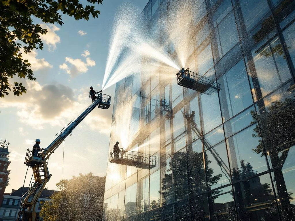 Professionele gevelreiniging van modern glazen kantoorgebouw in Utrecht met hogedrukspray en schoonmaakplatforms