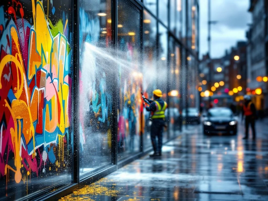 Professioneel graffiti verwijderingsteam reinigt glazen kantoorgebouw in Utrecht met hogedrukspuit en milieuvriendelijke middelen