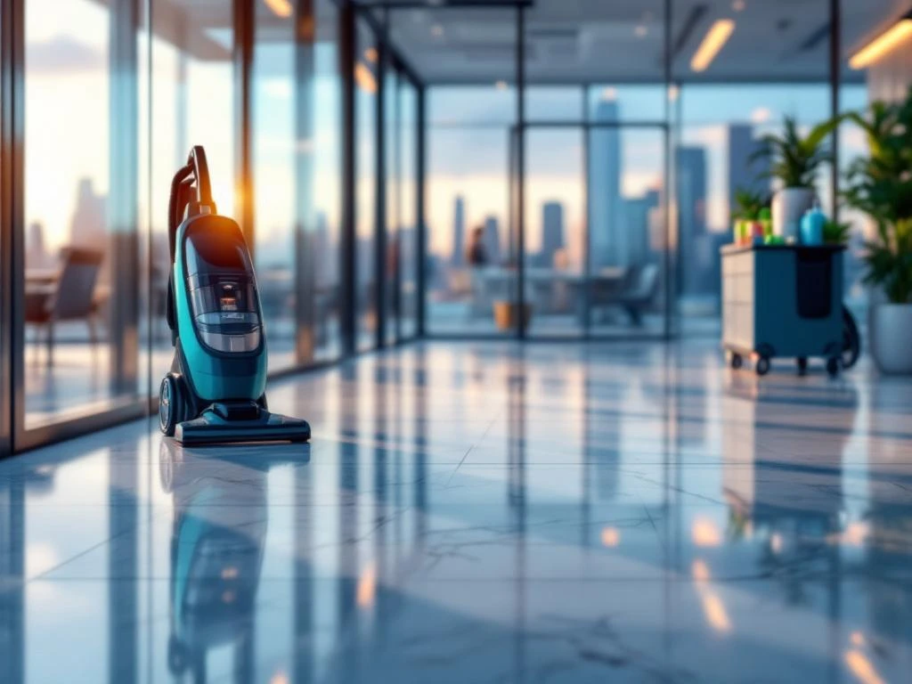 Schoon modern kantoorinterieur in Den Haag met marmeren vloeren, glazen oppervlakken en professionele schoonmaakapparatuur