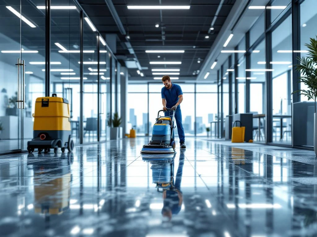 Professionele diepe reiniging van modern kantoor in Utrecht met industriële apparatuur en glimmende schone vloeren