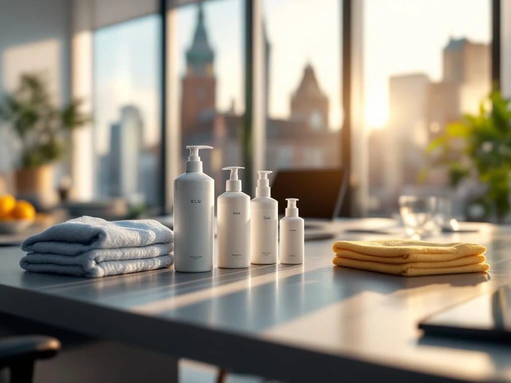 Professionele schoonmaakmiddelen en microfiber doeken op bureau in modern kantoor Utrecht met stadsgezicht