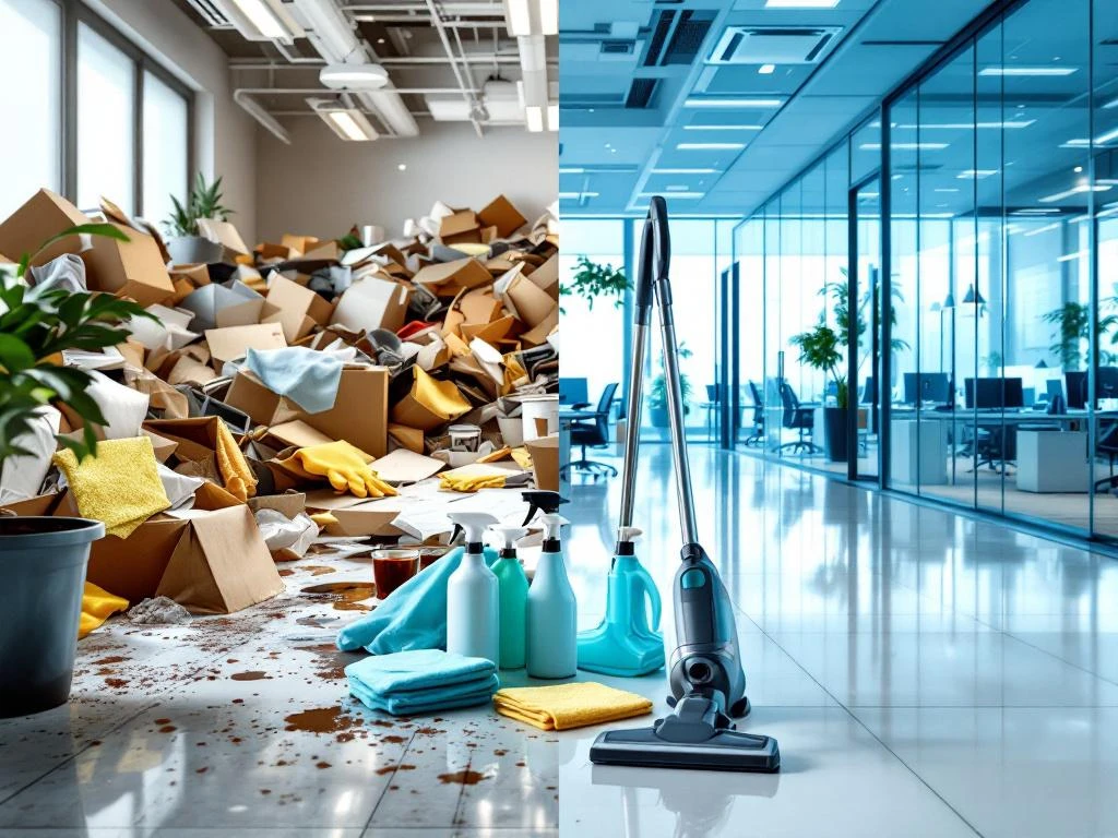 Voor-en-na vergelijking van rommelig versus schoon kantoor met professionele schoonmaakapparatuur in het midden