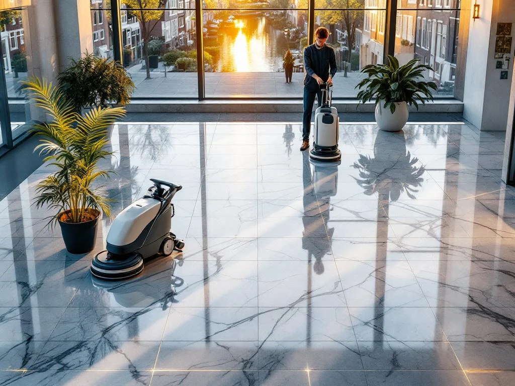 Professionele schoonmaakdienst lobby Amsterdam kantoorgebouw met moderne apparatuur en grachtenpanden op achtergrond