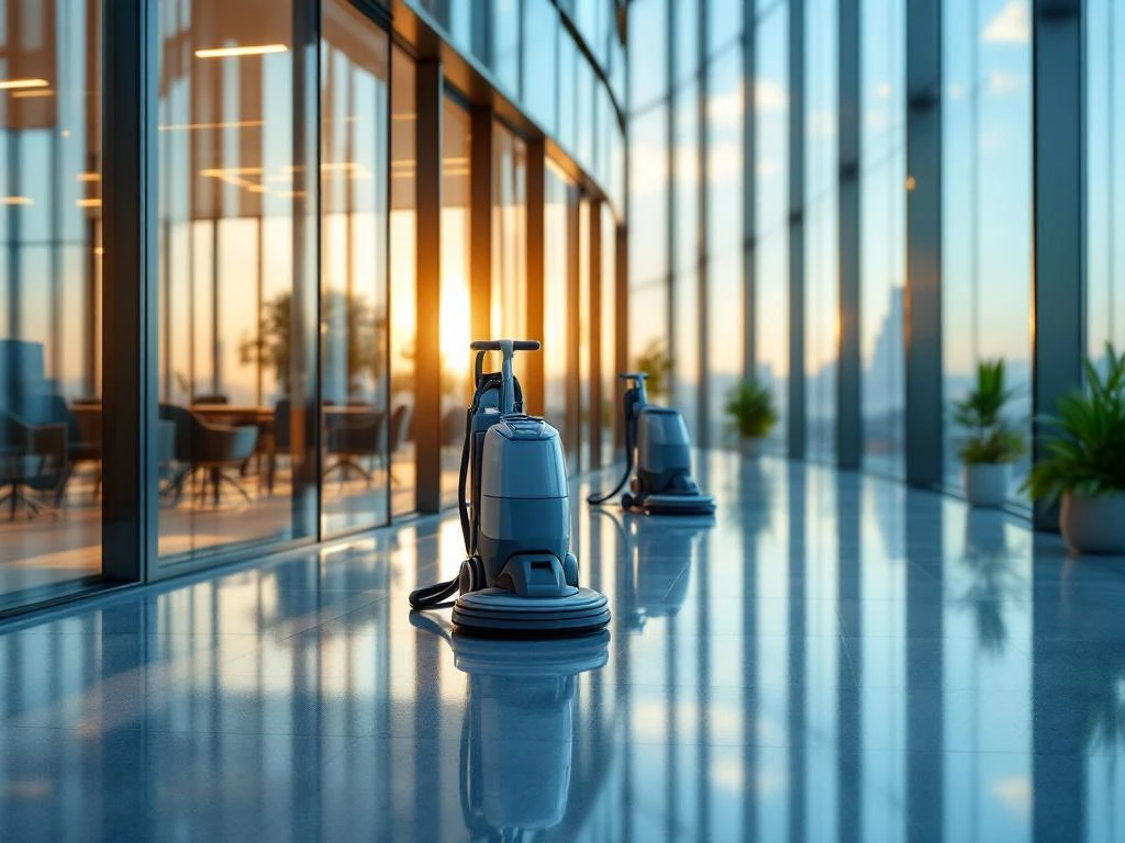 Schoon modern kantoorgebouw in Den Haag met professionele schoonmaakapparatuur en glanzende glazen ramen