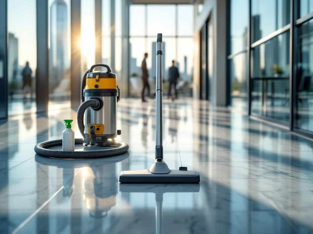 Modern kantoorgebouw Utrecht met professionele schoonmaakapparatuur en eco-vriendelijke producten op marmeren vloer