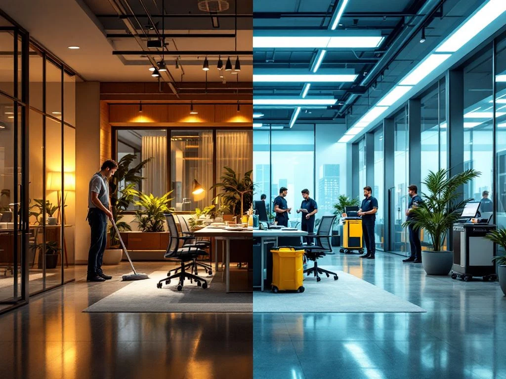 Split-screen vergelijking van kleine kantoorschoonmaak versus grote bedrijfsreiniging in Utrecht met professionele apparatuur